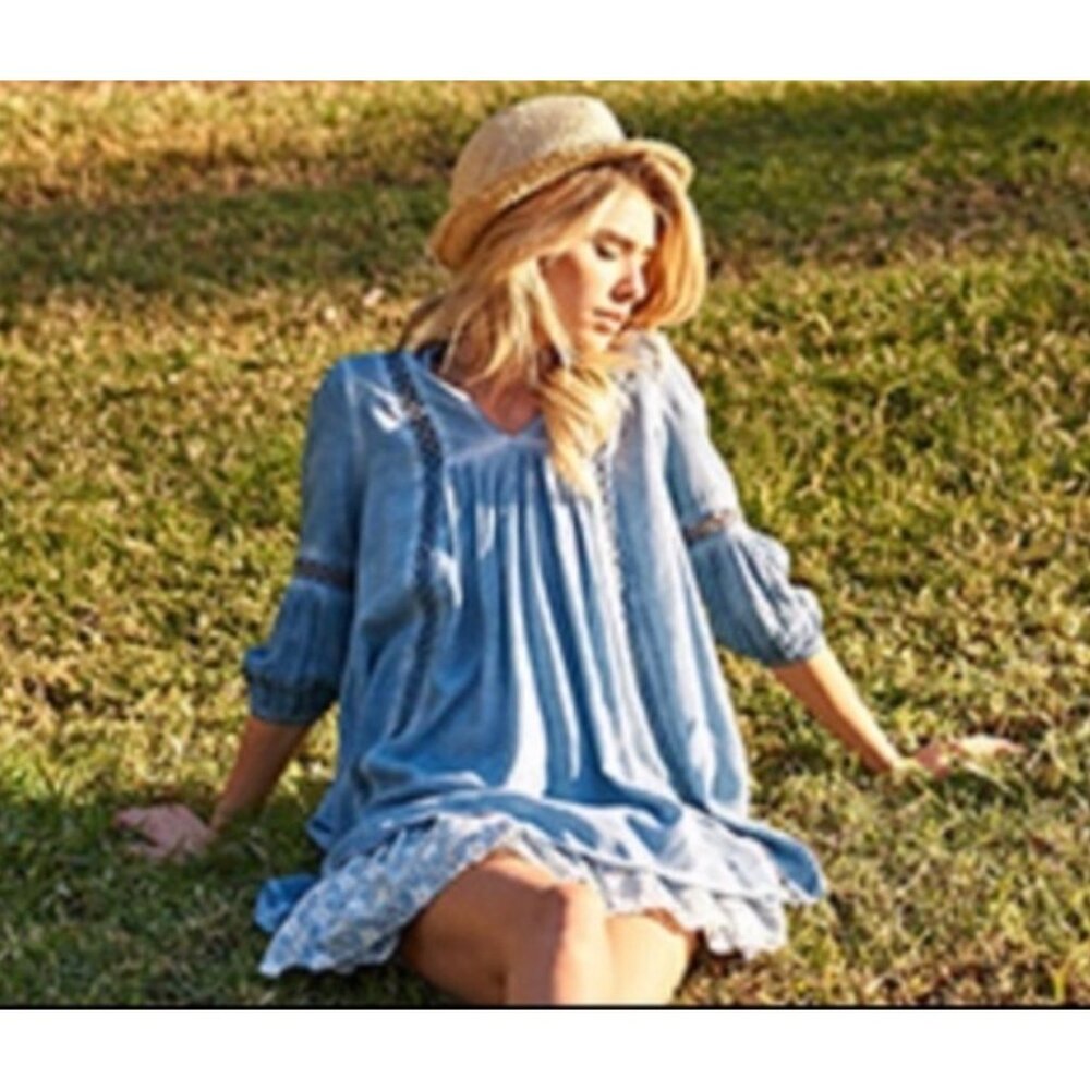 Dusty Blue Crochet Trim Relaxed Tunic Mini Shirt Dress | Coastal Cowgirl Boho S - Picture 10 of 11